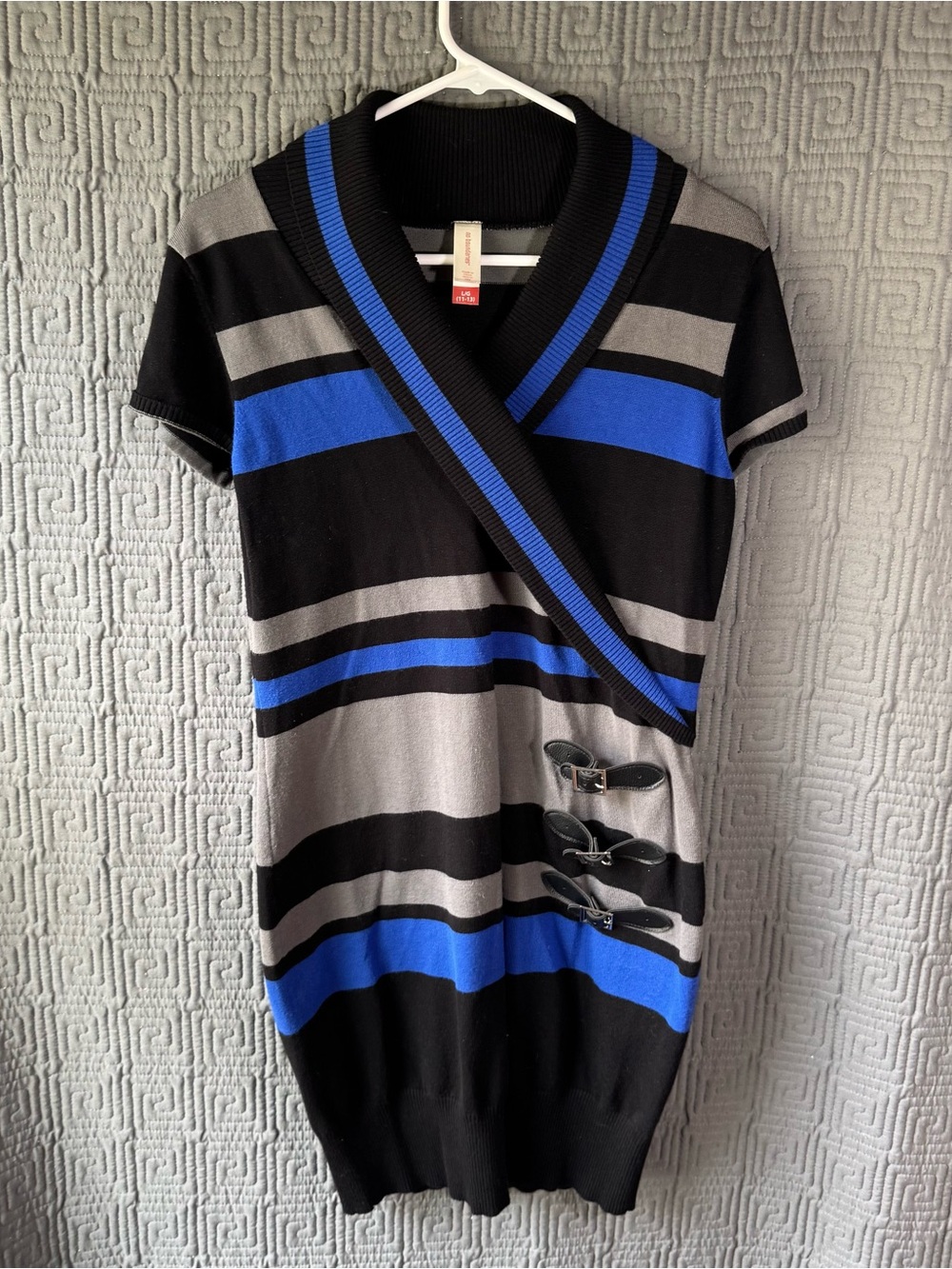 No Boundaries Y2K Striped Short Sleeve Sweater Dress Black Gray Blue Large 11-13